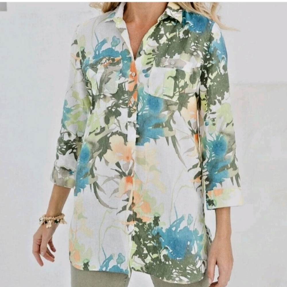 🆕 CHICO'S 100% Linen Paradise No Iron Tunic Blouse | XL (16) NWT